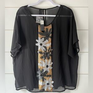 Kay Celine‎ Black Sheer Chiffon Sequin Floral Blouse Short Sleeve Top NEW